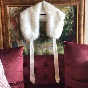 New Faux Fur White Stole with satin ribbon ties Bright White Very Soft